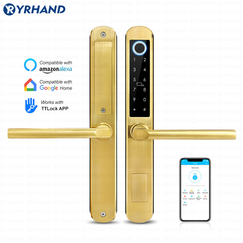 Letter Opener Brass - IP66規格、ゴールド色のステンレス製、スライド式ガラス扉用スマートロック。Ttlockアプリ対応、Google HomeおよびAlexaと連携可能。指紋認証機能付き電子デジタルロック。