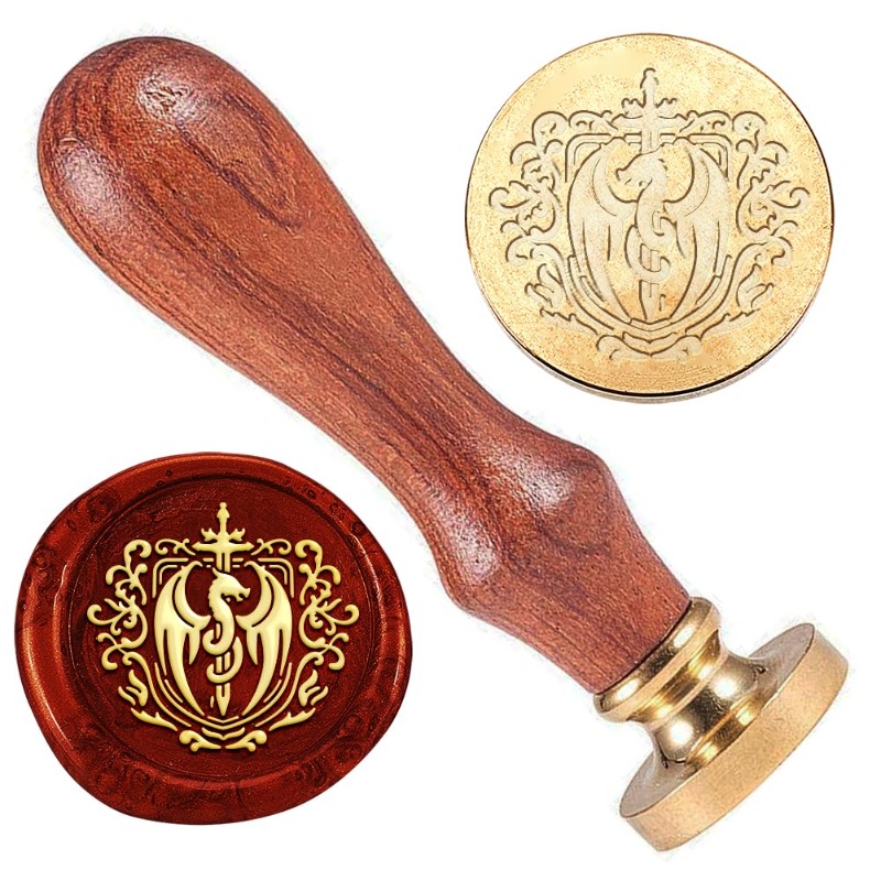Wax Seal Stamp Set - 真ちゅう製ワックスシールスタンプヘッド、木製ハンドル付き、ドラゴンソード、エンボスシーリング、取り外し可能、1インチ、ウェディング、1個
