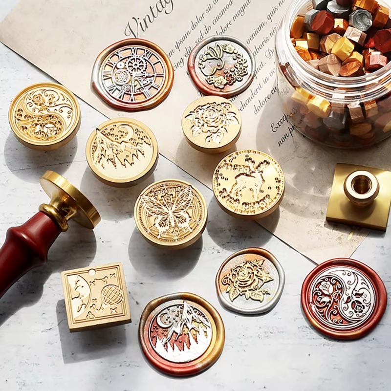 Wax Seal Stamp Set - 9個のワックスシール+1個のハンドル、ワックスシールセット、シーリングヘッドとハンドル付き、結婚式の封筒ギフト包装に最適