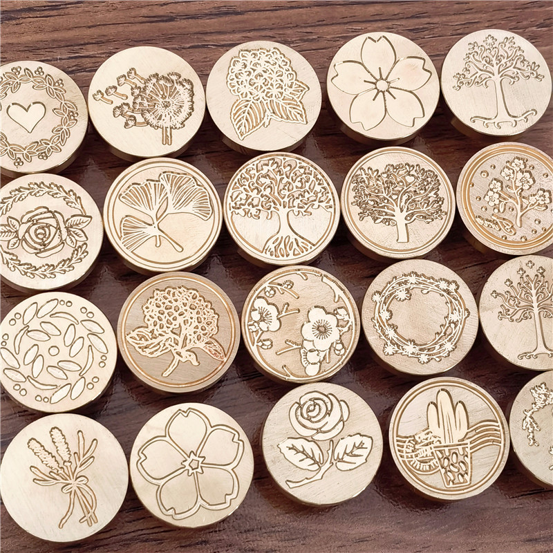 Wax Seal Stamp Set - フラワーワックスシールスタンプヘッド、プラントリーフ、ガーランド、ライフツリー、銅